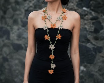 Crochet Flower Vine Necklace,Handmade Botanical Jewelry, Boho Botanical Jewelry Gift, Multiple Colors Available
