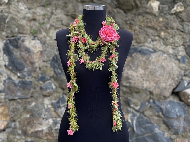 Flower Crochet Lariat Scarf, Lariat Crochet Jewelry, Flower Wrap Scarf, Woman Necklace image 9