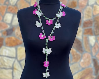 Turkish Crochet Flower Necklace: Beaded Oya Lariat, Nylon Trim