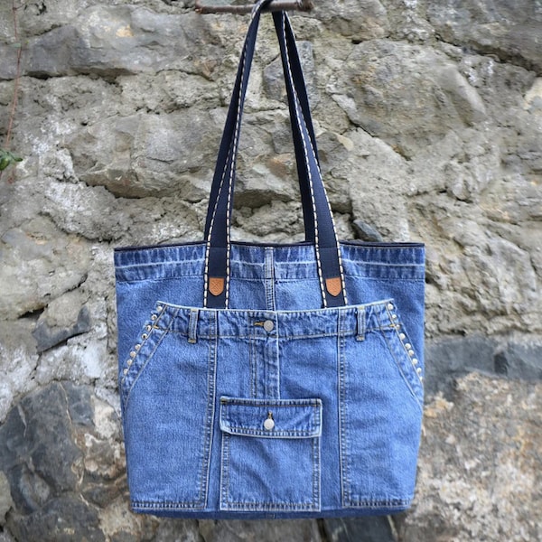 Upcycled Jeans Tote Bag, Jeans Patched Book Tote, Recycled Old Jeans Book Tote Bag, Denim Tote