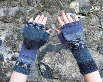 Knit Fingerless Gloves For Woman, Winter Gloves In Multi Color, Dark Blue, Colorful