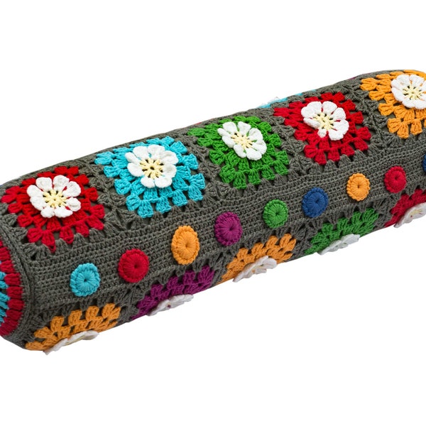 Cotton Crochet Cylinder Bolster Pillow Cover Neck Roll Round, Granny Square Pillow