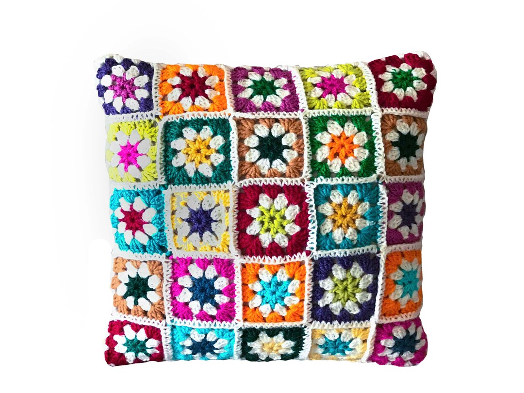 Cotton Granny Square Crochet Pillow Cover, Cushion Cover, Colorful Etsy