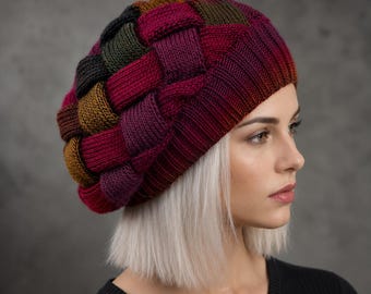 Cozy Knit Winter Beret Hat for Women with  Multi Color Yarn