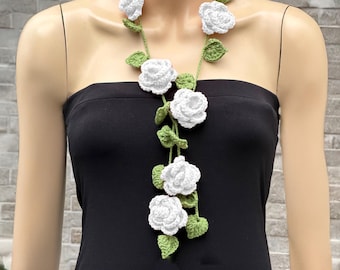 Crochet Lariat Necklace, Pink Rose Flower Scarf, Handmade Crochet Lariat Jewelry, Green and Pink Floral Necklace