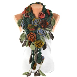 Crochet Lariat Necklace Scarf, Flower Necklace scarf,Pale Colors, Winter Colors,Autumn Colored Scarf
