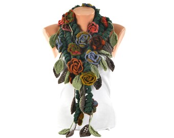 Crochet Lariat Necklace Scarf, Flower Necklace scarf,Pale Colors, Winter Colors,Autumn Colored Scarf