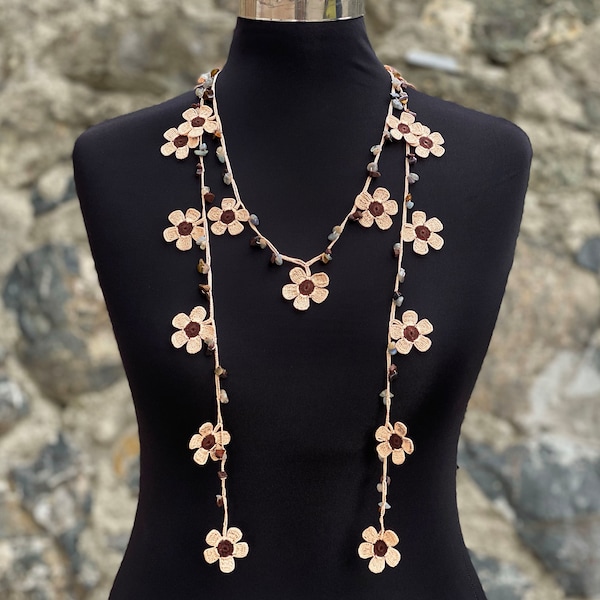 Crochet Bead Necklace Jewelry, Crochet Necklace, Crochet Flower Necklace, Brown