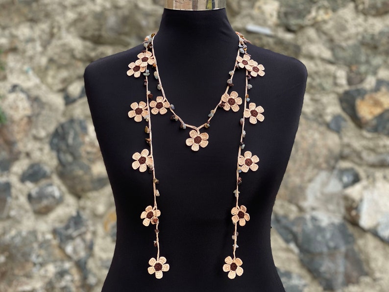 Crochet Bead Necklace Jewelry, Crochet Necklace, Crochet Flower Necklace, Brown image 1