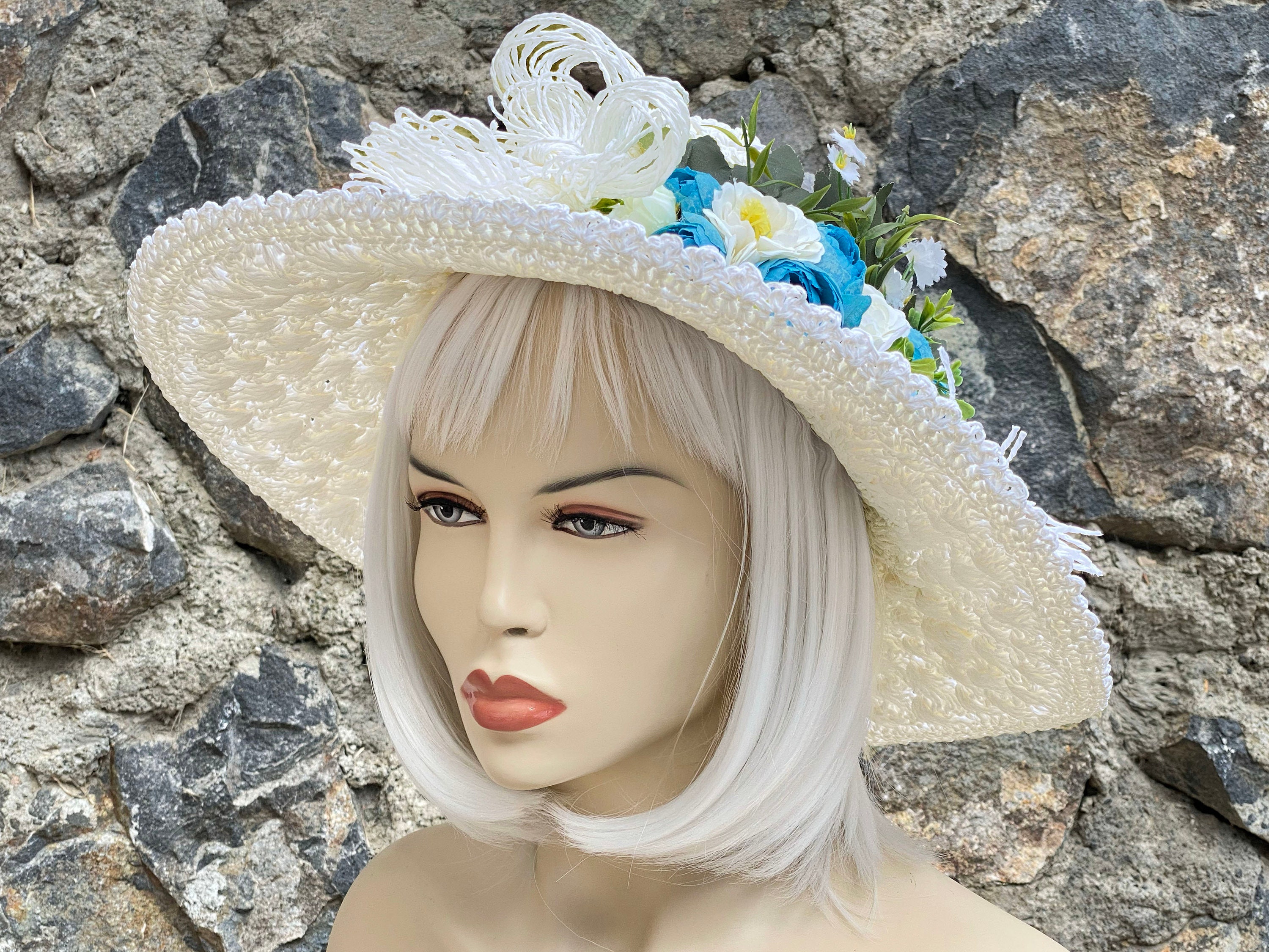 Floral Fedora Hat, Brim Hat, Fedora Hat, Flat Top Hat, Ladies Fedora Hat,  Bohemian Hat, Sun Hats, off White -  Australia