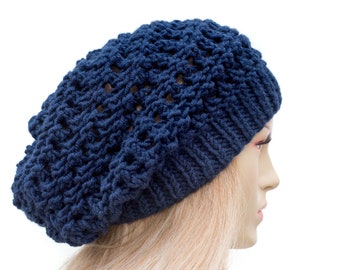 Woman Winter Knit Hat, Slouchy Beanie Oversize Beanie Hat, Navy - COLOR OPTION  AVAILABLE