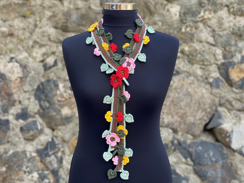 Crochet Lariat Necklace Scarf, Summer Scarf, Cotton Scarf, Colorful Flower Scarf, Woman Scarf image 4