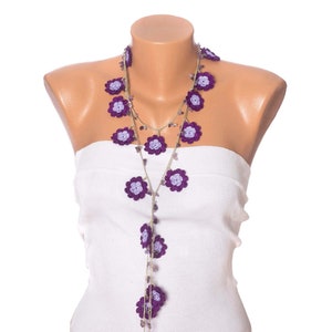 Bib Necklace With Beads, Crochet Bead Work Necklace With Natural Stone In Purple