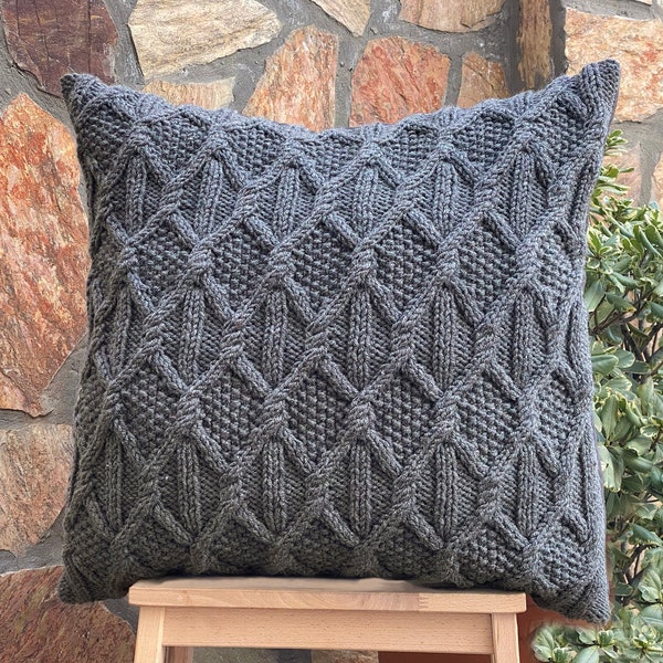 Cable Knit Pillow Cover, Textured Rustic Crochet Pillow Cover, Knit Pillow Cover, Cushion Cover, Smoke