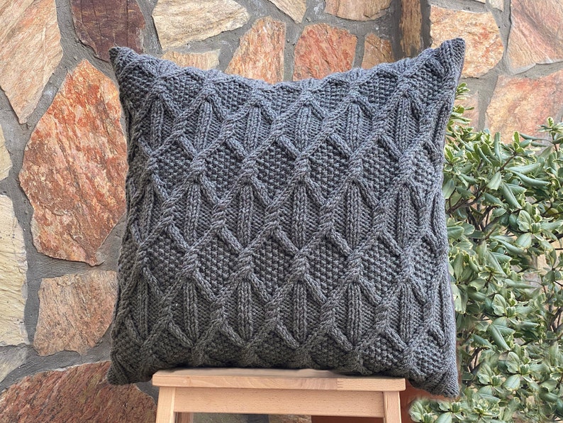 Cable Knit Pillow Cover, Textured Rustic Crochet Pillow Cover, Knit Pillow Cover, Cushion Cover, Smoke image 1