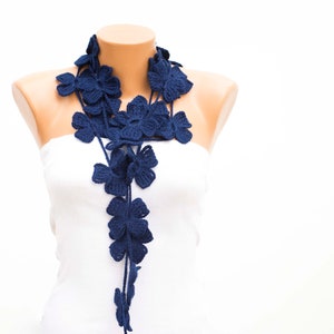 Crochet Lariat Flower Scarf, Crochet Necklace Scarf, Navy COLOR OPTION AVAILABLE image 3