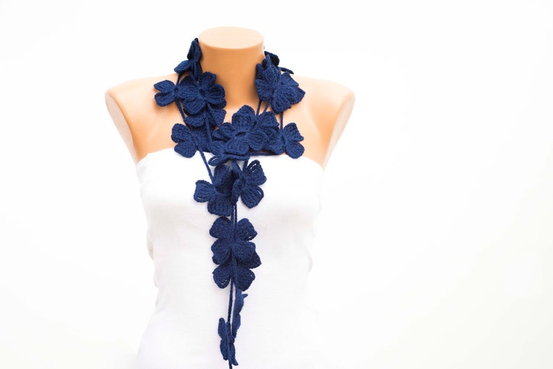 Crochet Lariat Flower Scarf, Crochet Necklace Scarf, Navy COLOR OPTION AVAILABLE image 3