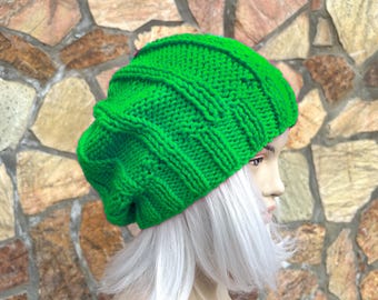 Handmade Knit Slouchy Beanie: Shamrock Green Wool-Acrylic Blend