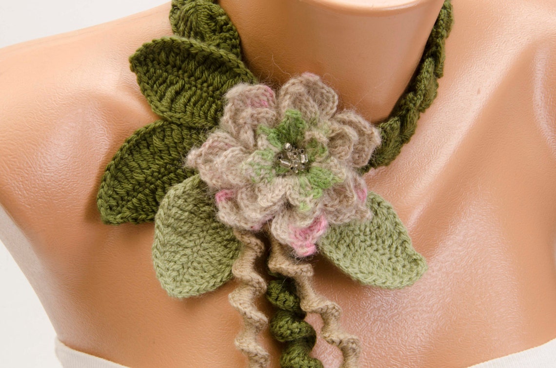 Crochet Scarf Long Scarf Crochet Floral Necklace Scarf Etsy