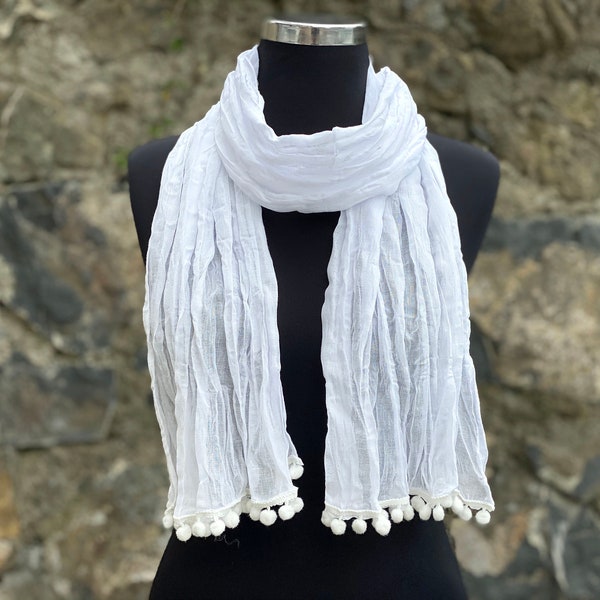 Cotton Lightweight White Summer Scarf, Crinkled Cotton Scarf, Pom Pom Trim Scarf, Long Scarf, White