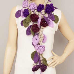 Crochet Lariat Scarf, Flower Crochet Scarf, Purple, Lilacs, Unique image 4