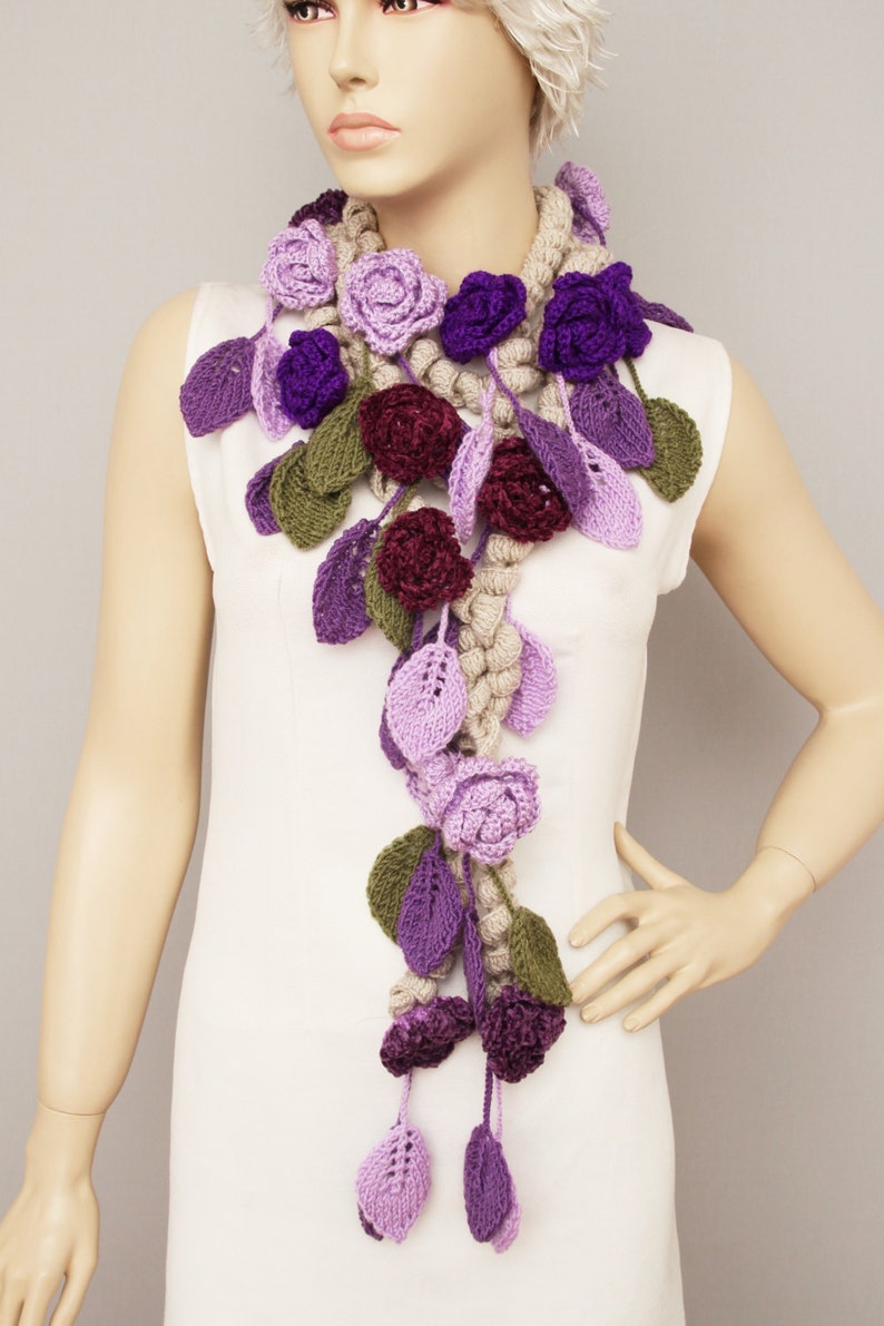 Crochet Lariat Scarf, Flower Crochet Scarf, Purple, Lilacs, Unique image 4