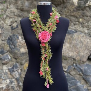 Flower Crochet Lariat Scarf, Lariat Crochet Jewelry, Flower Wrap Scarf, Woman Necklace image 5