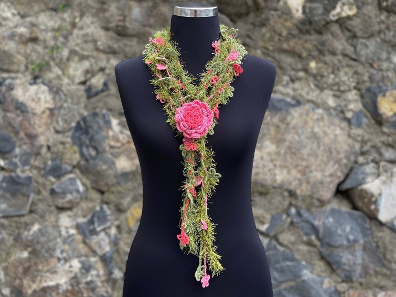 Flower Crochet Lariat Scarf, Lariat Crochet Jewelry, Flower Wrap Scarf, Woman Necklace image 5