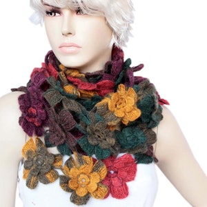 Crochet Scarf, Long Scarf, Woman Scarf, Colorful Flower Scarf