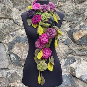 Woman Unique Gift Idea, Crochet Lariat Necklace Scarf, Flower Necklace Scarf,Pale Colors, Winter Colors, Autumn Colored Scarf