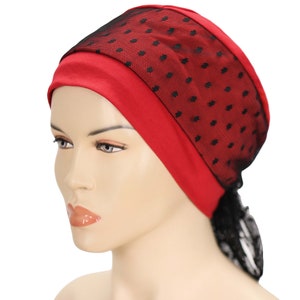 Red Woman Headcover, With Dotled Tulle Fabric, Elegant Head Wear, Stylish Hat, Fashion Turban Hat, Bad Hair Day Hat
