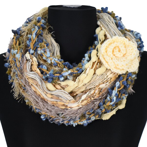 Crochet Lariat Infinity Scarf, Infinity Chain Scarf, Lariat  Scarf, REMOVABLE  Flower  Brooch