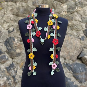 Crochet Lariat Necklace Scarf, Summer Scarf, Cotton Scarf, Colorful Flower Scarf, Woman Scarf image 1