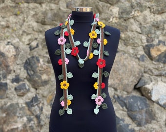 Crochet Lariat Necklace Scarf, Summer Scarf, Cotton Scarf, Colorful Flower Scarf, Woman Scarf