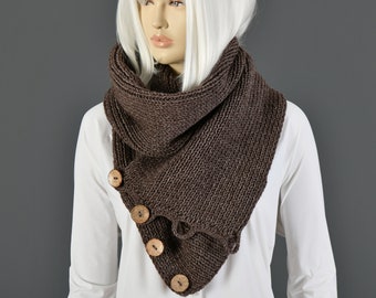 Knit Infinity Scarf, Regular Long Scarf With Wooden Button, Winter Scarf, Woman Scarf, Brown, CHOOSE YOUR COLOR