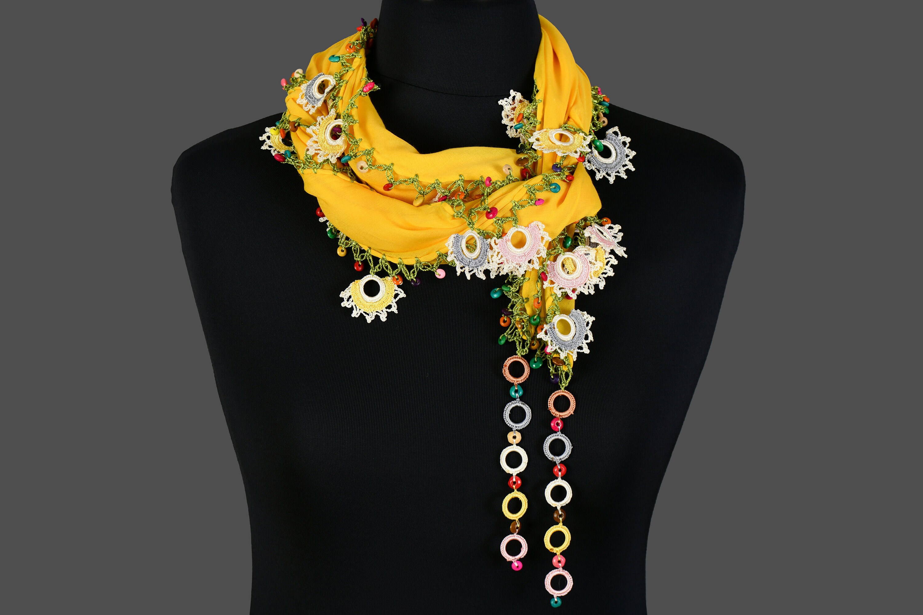 Turkish Oya Scarf, Yellow Turkish Summer Scarf, Hand Crocheted
