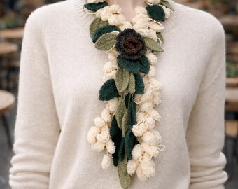 Crochet Flower Winter Necklace Scarf With Pom Pom Yarn and Leafs