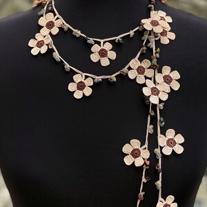 Crochet Bead Necklace Jewelry, Crochet Necklace, Crochet Flower Necklace, Brown image 3