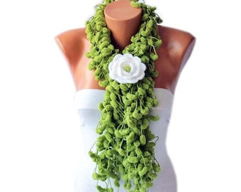 Mulberry Scarf, Pompom Scarf, Cocoon Scarf, With Removable Crochet Brooch, In Green