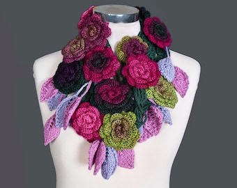 Crochet Flower Lariat Scarf: Unique Autumn Winter Necklace