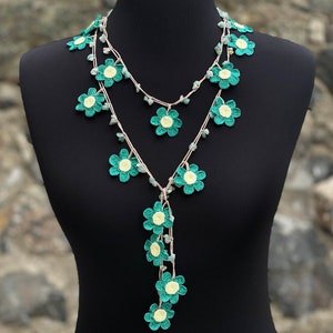 Beaded Necklace, Crochet Strand Oya Necklace Jewelry, Crochet Necklace, Crochet Flower Necklace, Mint, Cyan Color