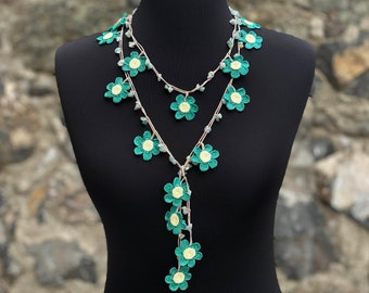 Beaded Necklace, Crochet Strand Oya Necklace Jewelry, Crochet Necklace, Crochet Flower Necklace, Mint, Cyan Color