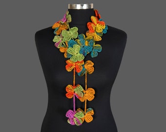 Colorful Crochet Flower Necklace Scarf, Crochet Lariat, Flower Scarf, Fall Trend Neck Warmer,