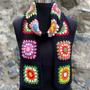 Crochet Granny Square Afghan Scarf, Long Scarf, Retro Scarf, Woman Winter Scarf, Hippie Style, Hobo Scarf