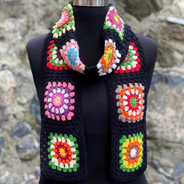 Crochet Granny Square Afghan Scarf, Long Scarf, Retro Scarf, Woman Winter Scarf, Hippie Style, Hobo Scarf