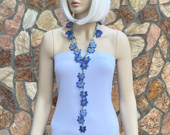 Beaded Crochet Necklace: Turkish Oya Floral Strand, Blue & Green
