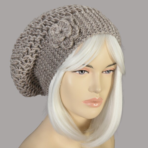 Slouchy Beanie, Oversize Beanie Hat, Winter Knit Hat, Floral Hat, For Woman In Beige - COLOR OPTION AVAILABLE