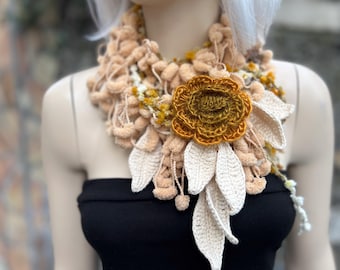 Earth Tones Unique Crochet Flower Woman Winter Scarf, Necklace Scarf