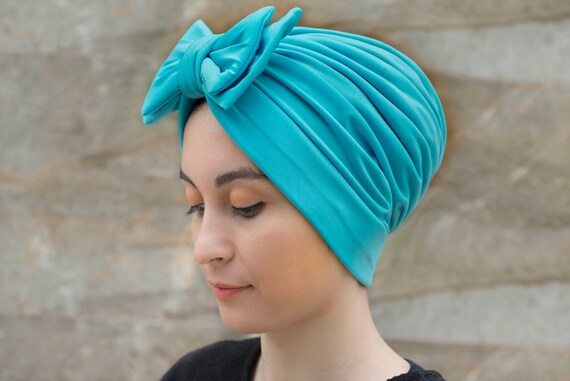 Blue Bow Turban Hat for Woman Front 