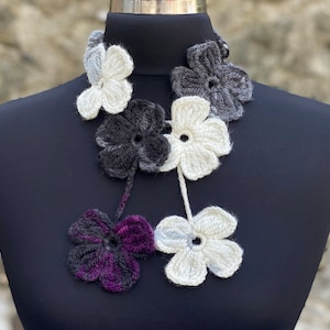 Crochet Flower Lariat Scarf In Purple Shades, Crochet Woman Necklace Scarf